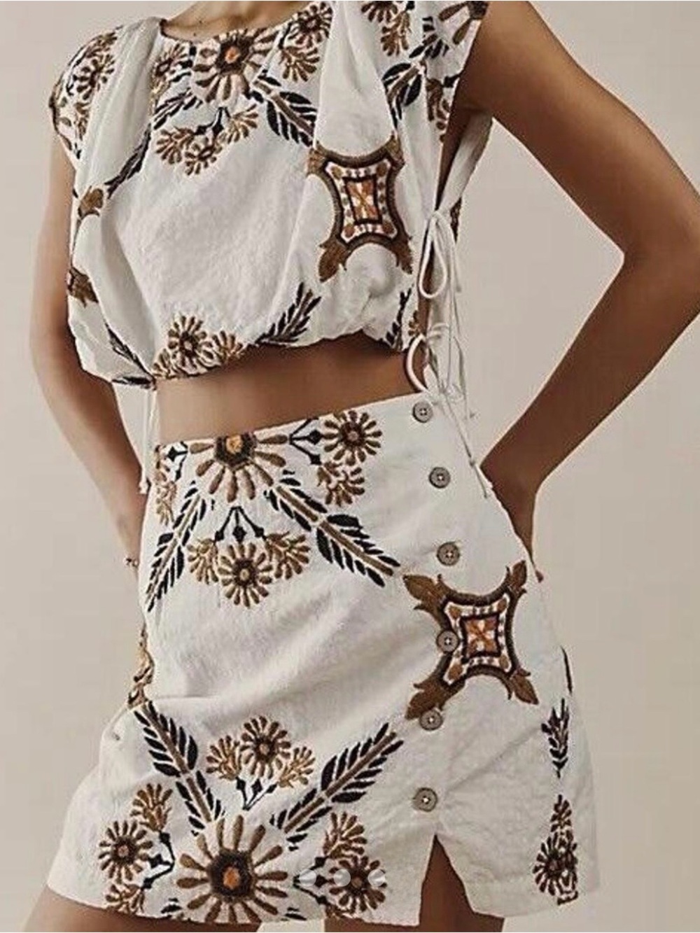 Free People Sardina Sun White Mini Dress with Brown & Navy Embroidery